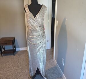 Vince Camuto Silver Sequin Draped Maxi Gown